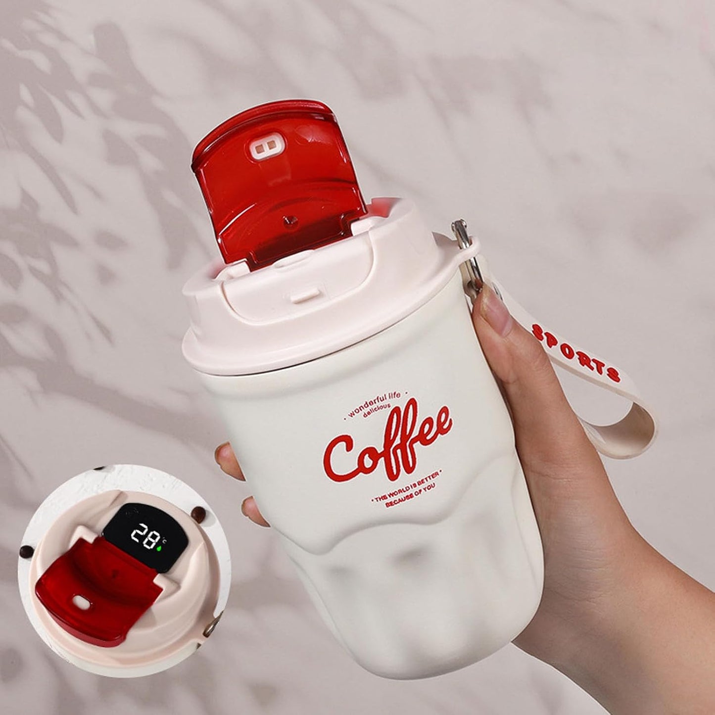 Vacuum Flask, Insulated Coffee Tumbler, Travel Coffee Mug, Stainless Steel Water Bottle with Sip Lid Carry Strap and Optional Temperature Display for Office Car Commutes 9x15cm 1Piece