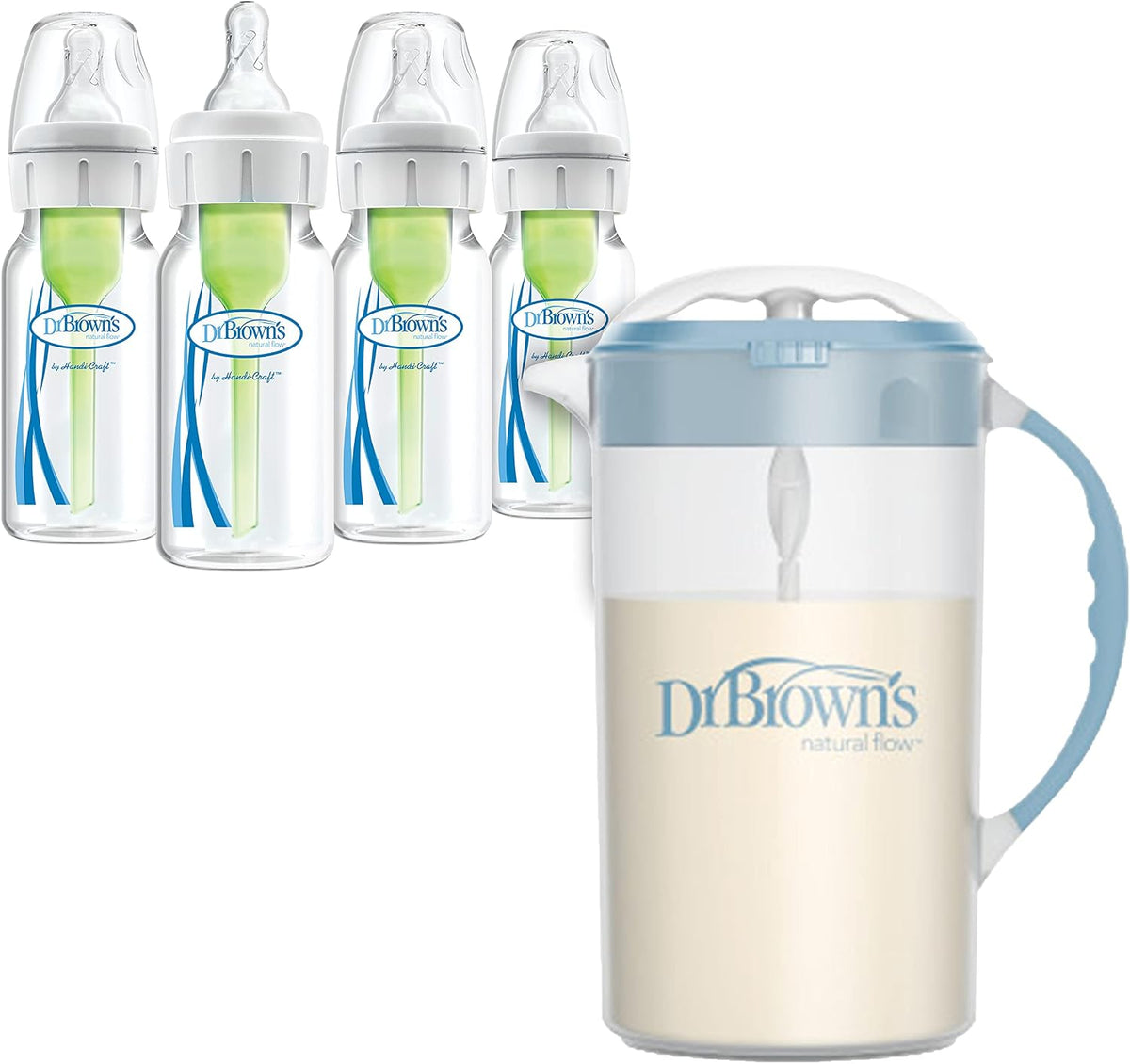 Baby Formula Mixing Pitcher 36oz, Blue with Anti-Colic Options+ Narrow Baby Bottles, 4 Pack, 4 oz