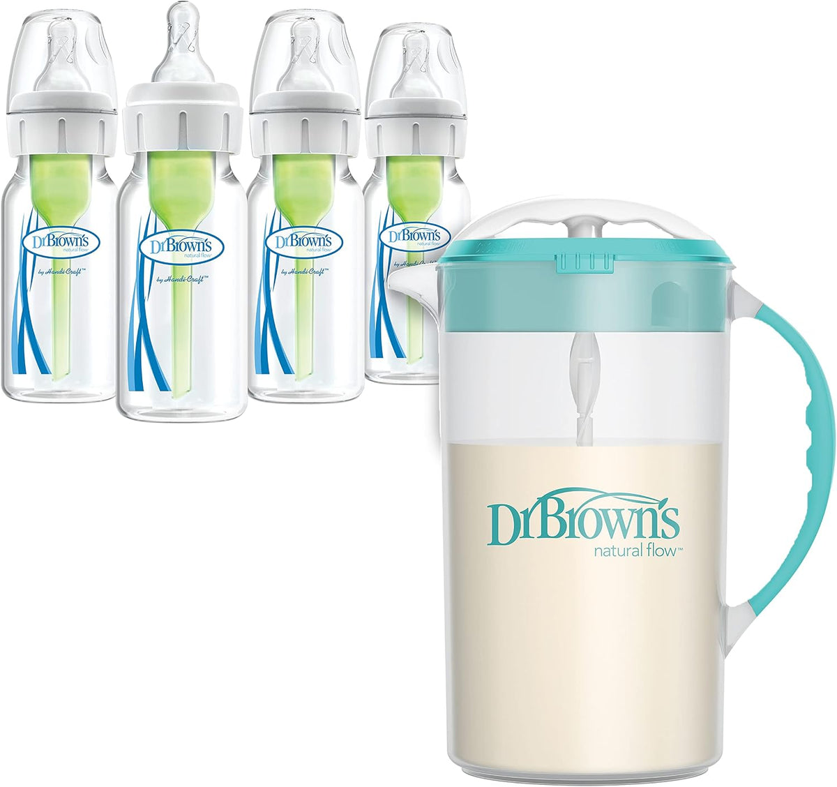Baby Formula Mixing Pitcher 36oz, Blue with Anti-Colic Options+ Narrow Baby Bottles, 4 Pack, 4 oz