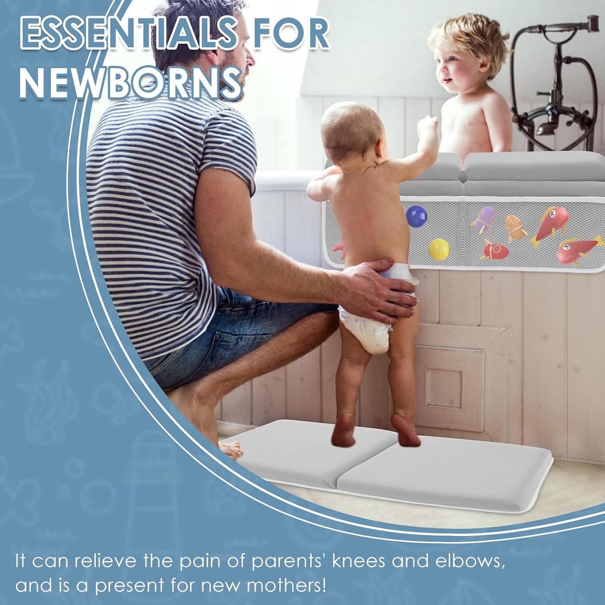Bath Kneeler Set Bath Elbow Rest Pad Foldable Non Slip Comfortable with Toys Organizer for Baby Bathing Time