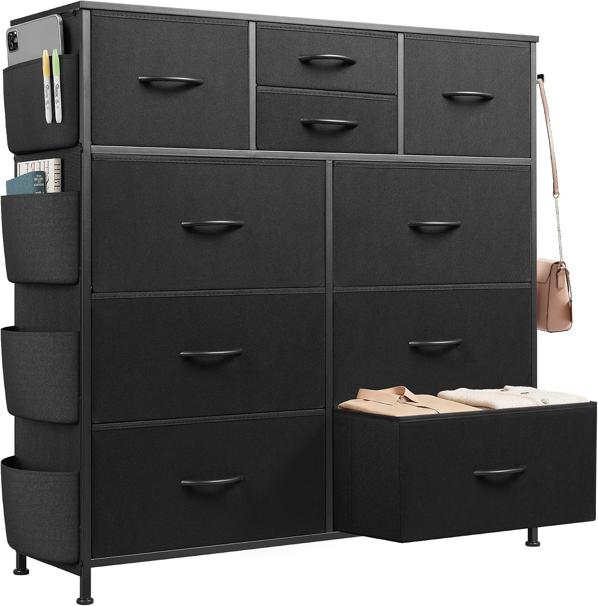 10 Drawer Fabric Dresser for Bedroom, Side Pocket Chest, Dark Grey