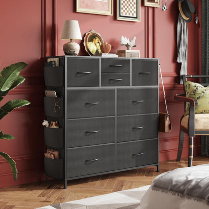 10 Drawer Fabric Dresser for Bedroom, Side Pocket Chest, Dark Grey