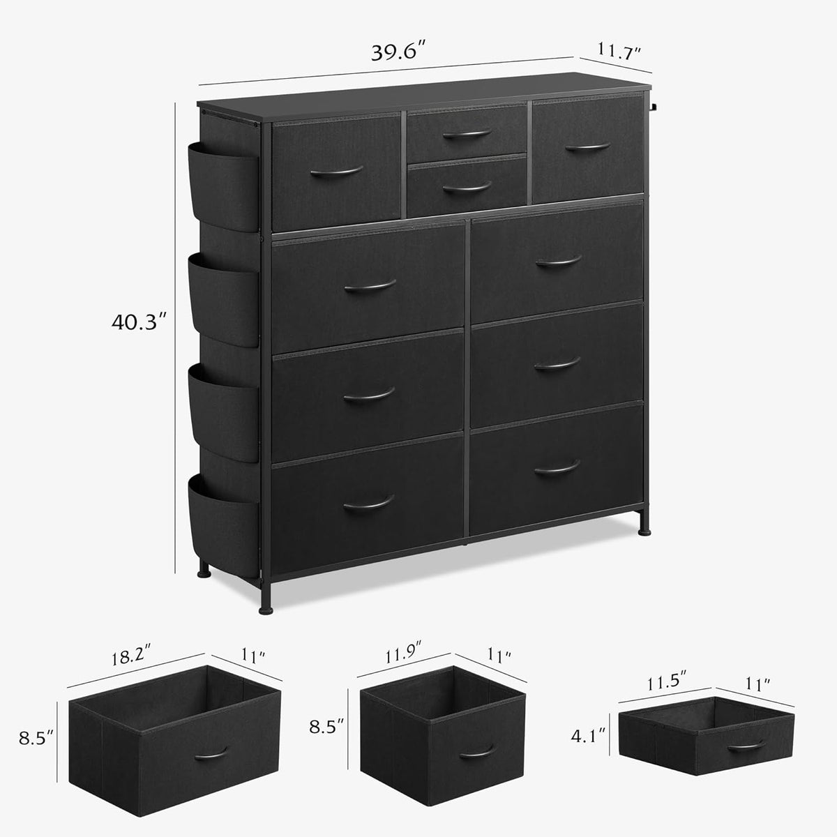 10 Drawer Fabric Dresser for Bedroom, Side Pocket Chest, Dark Grey