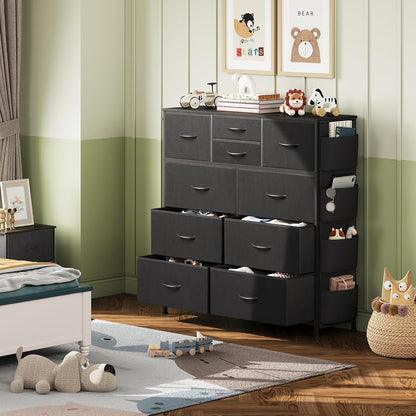 10 Drawer Fabric Dresser for Bedroom, Side Pocket Chest, Dark Grey