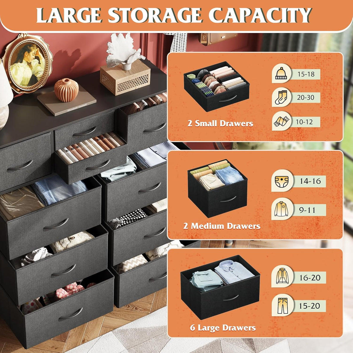 10 Drawer Fabric Dresser for Bedroom, Side Pocket Chest, Dark Grey