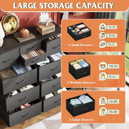 10 Drawer Fabric Dresser for Bedroom, Side Pocket Chest, Dark Grey