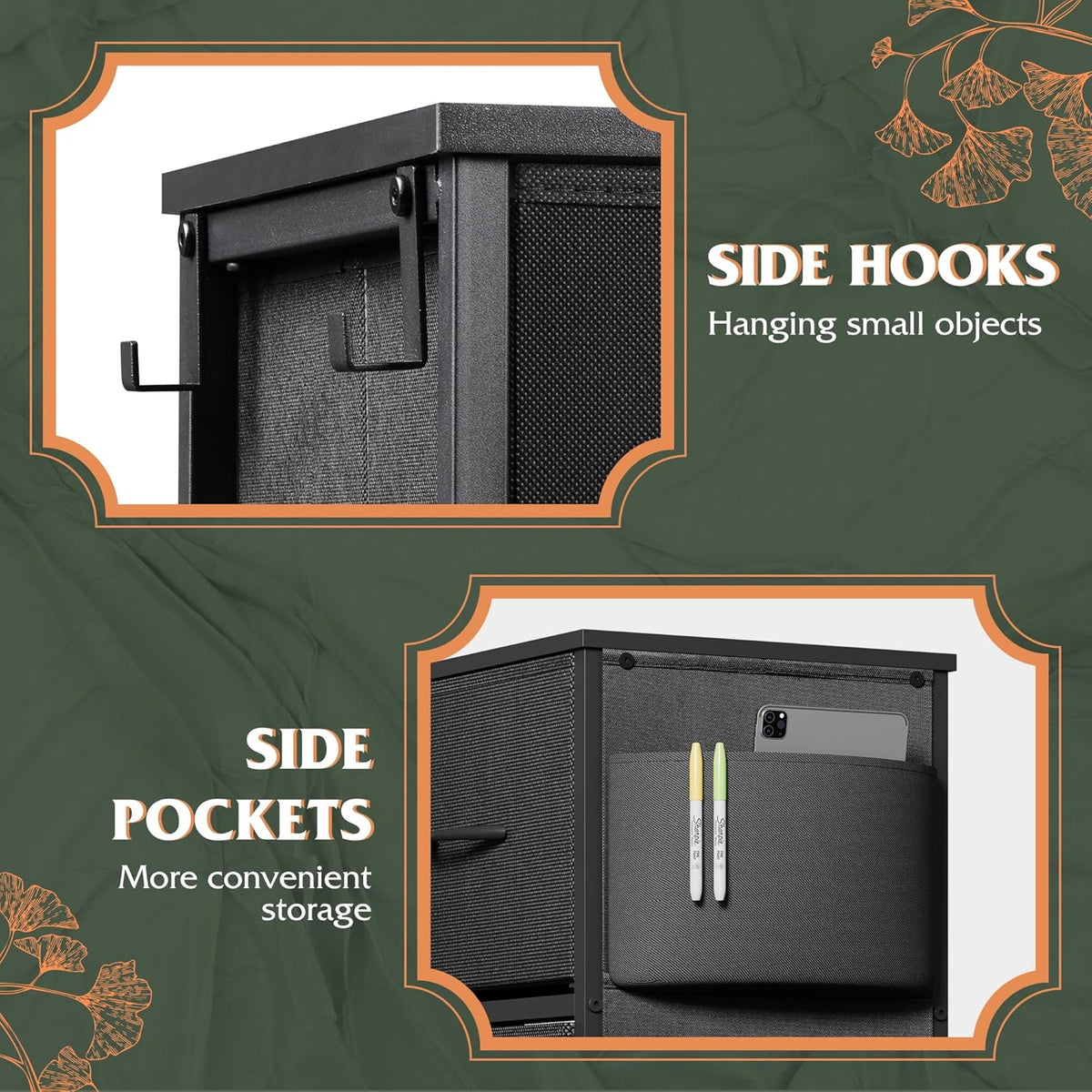 10 Drawer Fabric Dresser for Bedroom, Side Pocket Chest, Dark Grey