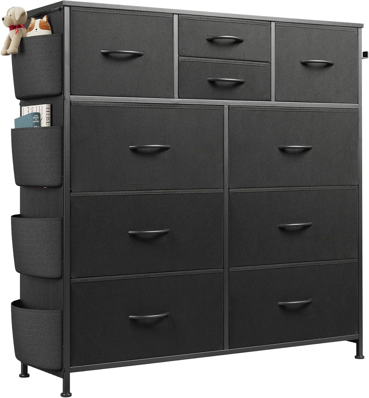 10 Drawer Fabric Dresser for Bedroom, Side Pocket Chest, Dark Grey