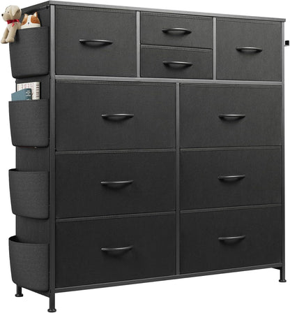 10 Drawer Fabric Dresser for Bedroom, Side Pocket Chest, Dark Grey
