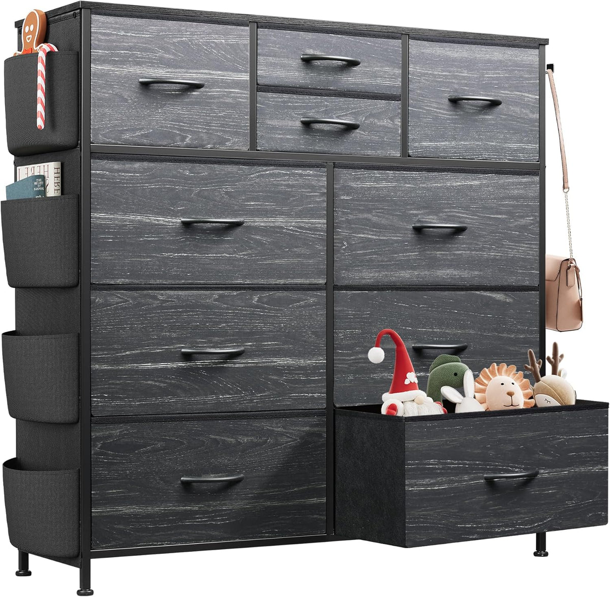 10 Drawer Fabric Dresser for Bedroom, Side Pocket Chest, Dark Grey