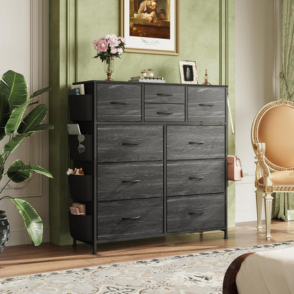 10 Drawer Fabric Dresser for Bedroom, Side Pocket Chest, Dark Grey