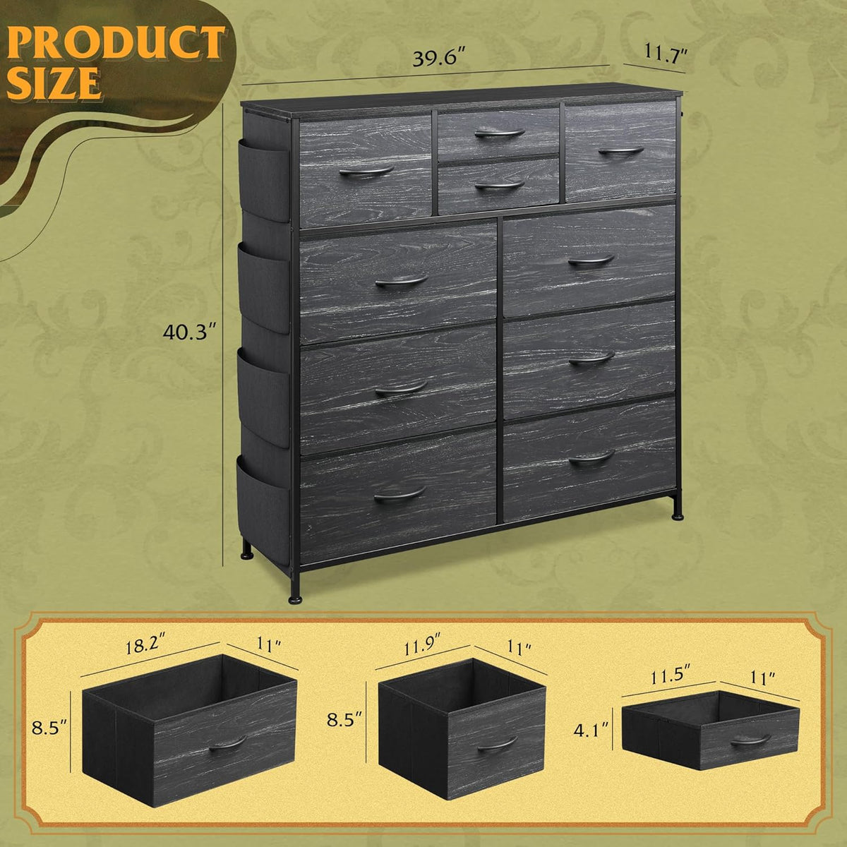 10 Drawer Fabric Dresser for Bedroom, Side Pocket Chest, Dark Grey