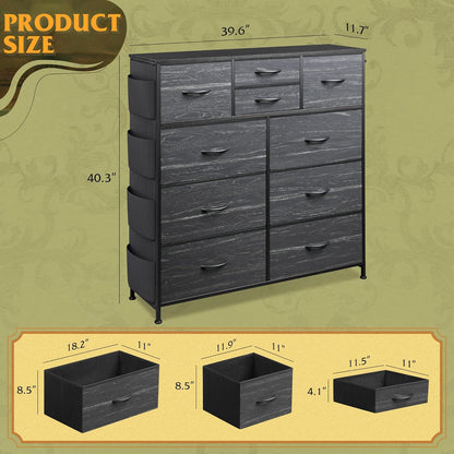 10 Drawer Fabric Dresser for Bedroom, Side Pocket Chest, Dark Grey