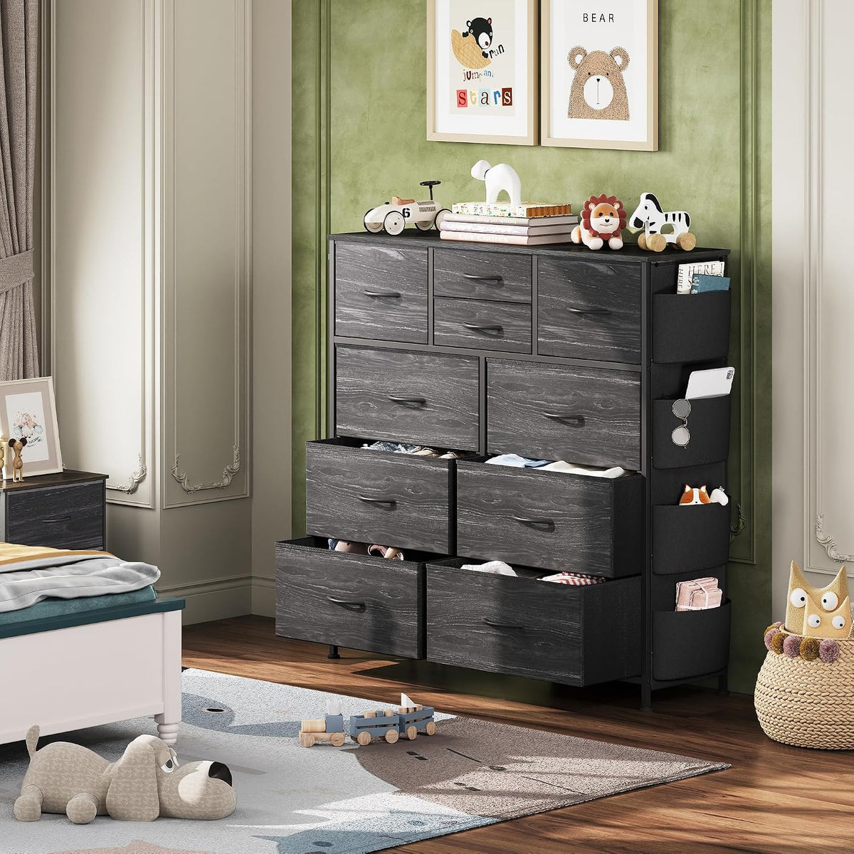 10 Drawer Fabric Dresser for Bedroom, Side Pocket Chest, Dark Grey