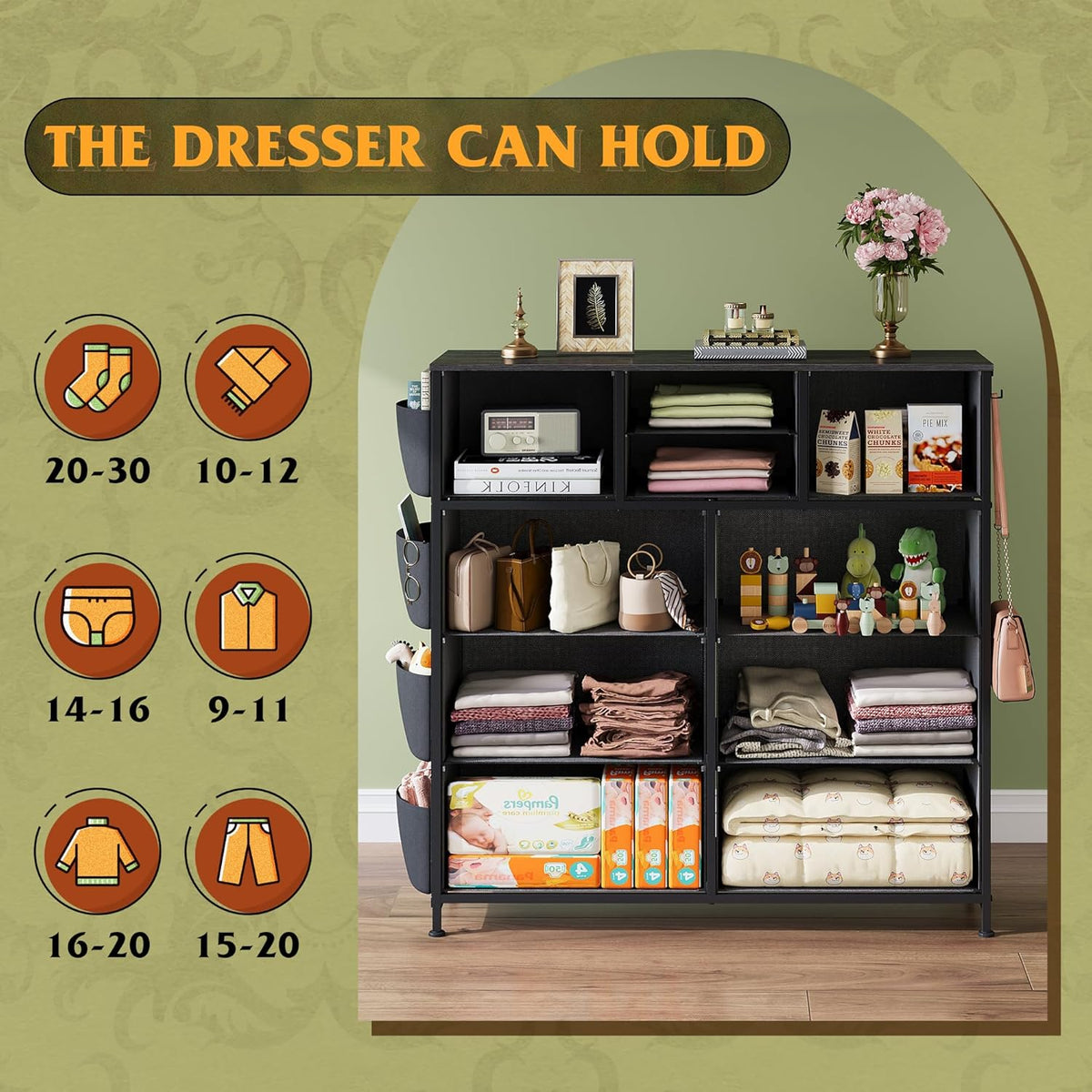 10 Drawer Fabric Dresser for Bedroom, Side Pocket Chest, Dark Grey