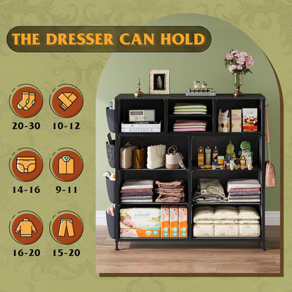 10 Drawer Fabric Dresser for Bedroom, Side Pocket Chest, Dark Grey