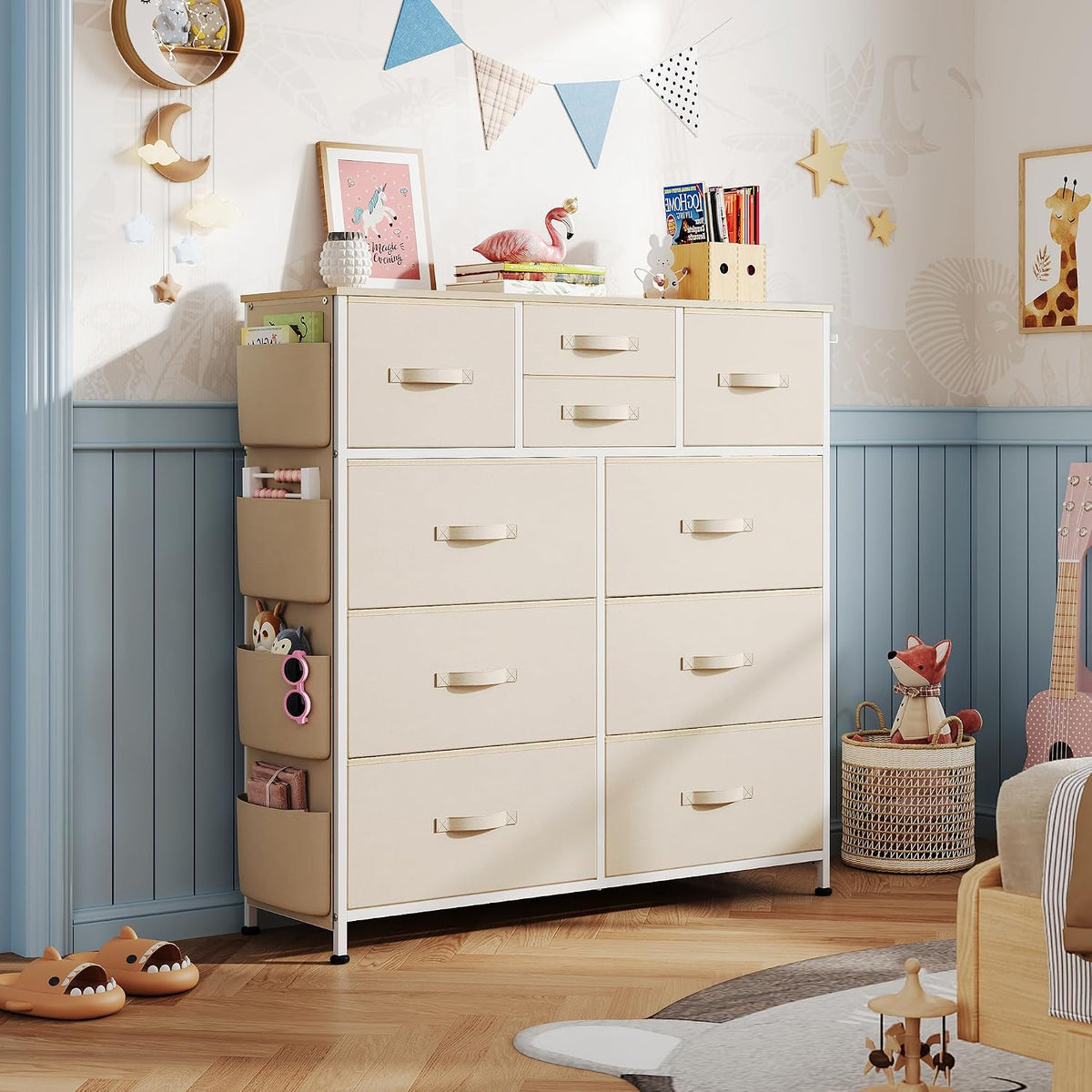 10 Drawer Fabric Dresser for Bedroom, Side Pocket Chest, Dark Grey