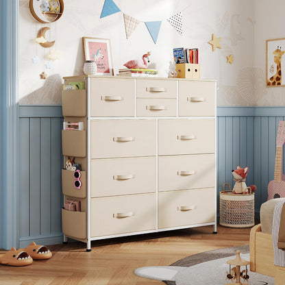 10 Drawer Fabric Dresser for Bedroom, Side Pocket Chest, Dark Grey