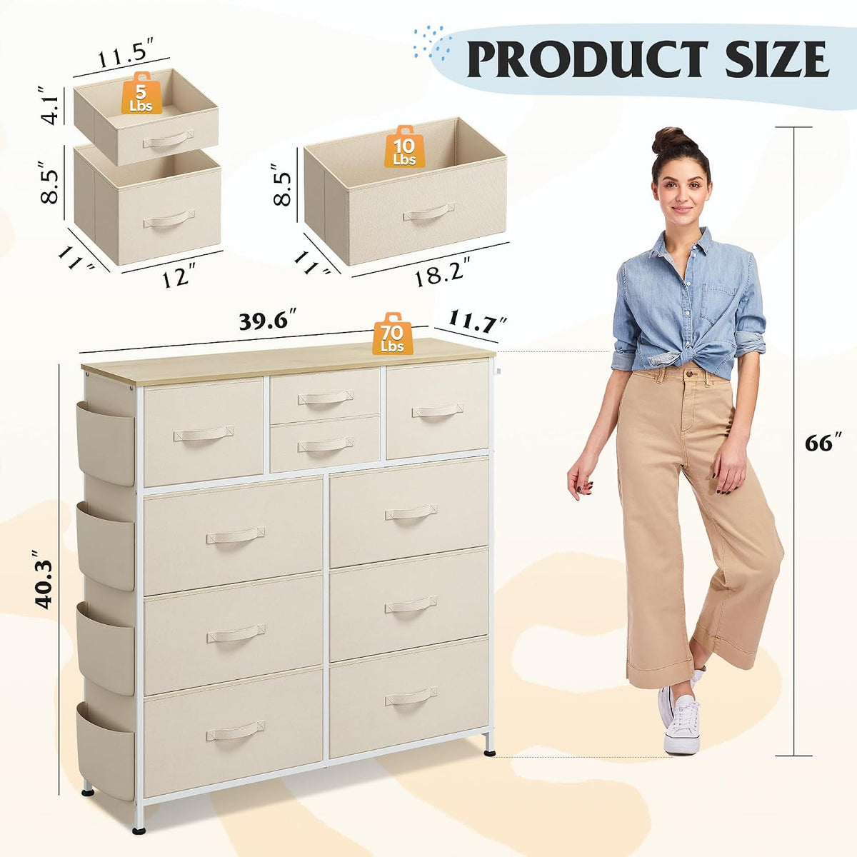 10 Drawer Fabric Dresser for Bedroom, Side Pocket Chest, Dark Grey