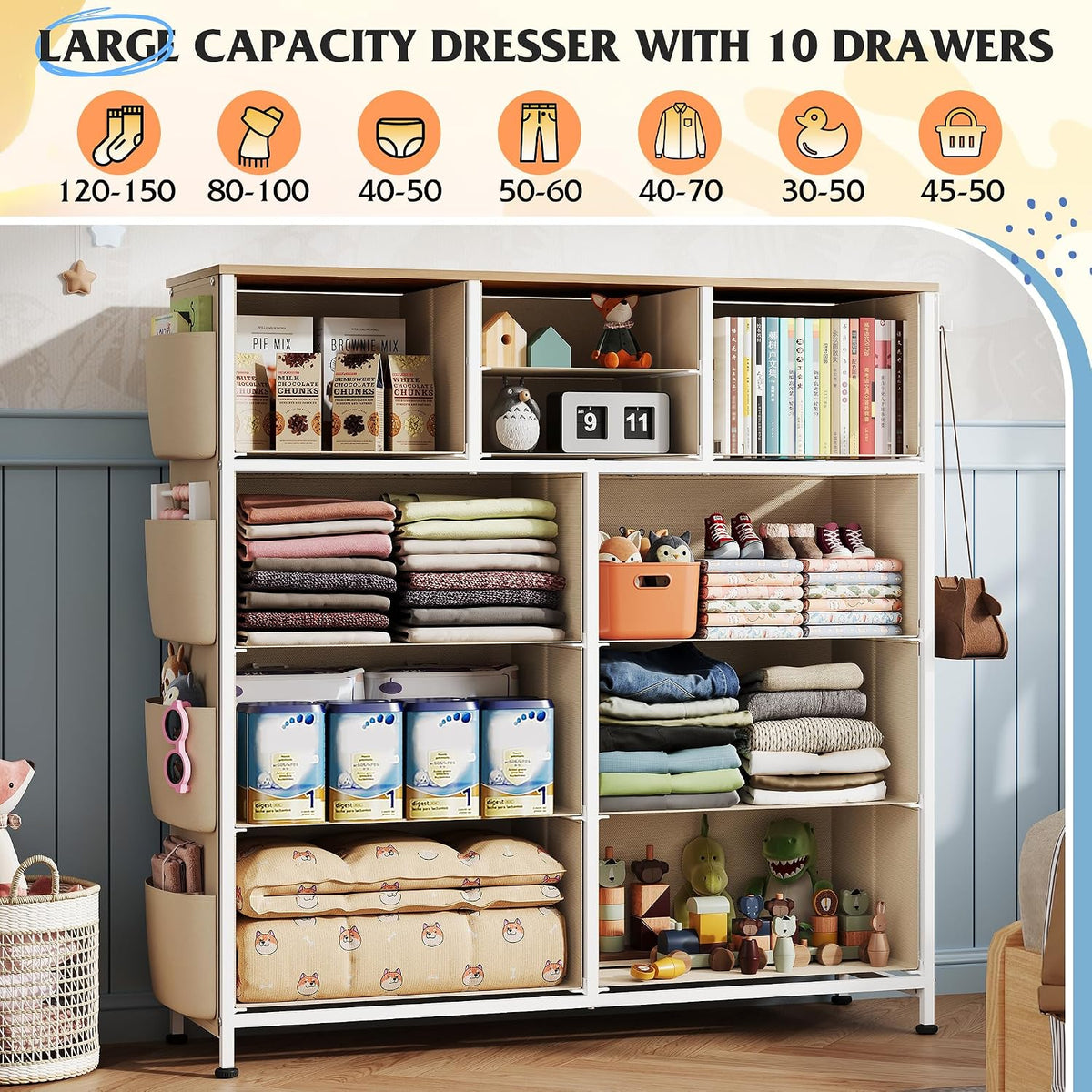 10 Drawer Fabric Dresser for Bedroom, Side Pocket Chest, Dark Grey