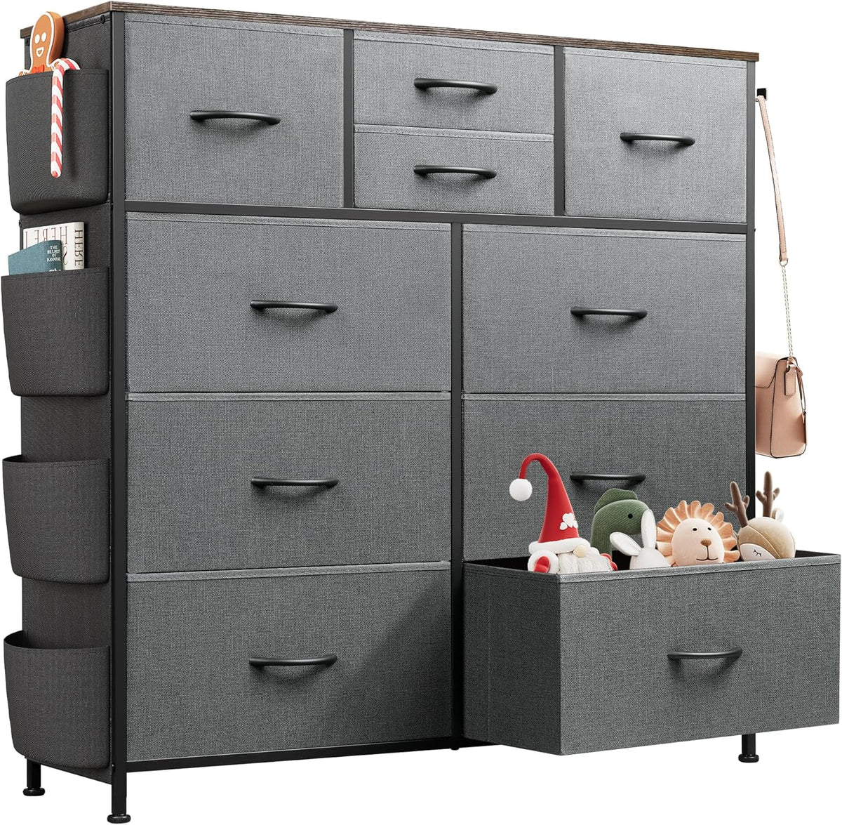 10 Drawer Fabric Dresser for Bedroom, Side Pocket Chest, Dark Grey