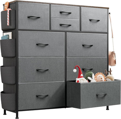 10 Drawer Fabric Dresser for Bedroom, Side Pocket Chest, Dark Grey
