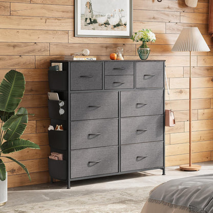 10 Drawer Fabric Dresser for Bedroom, Side Pocket Chest, Dark Grey