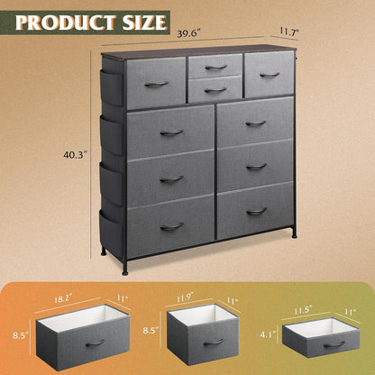 10 Drawer Fabric Dresser for Bedroom, Side Pocket Chest, Dark Grey