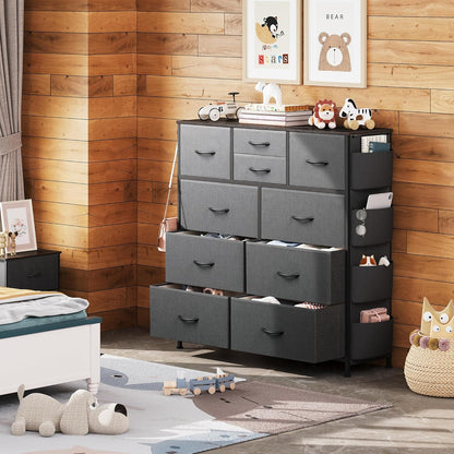 10 Drawer Fabric Dresser for Bedroom, Side Pocket Chest, Dark Grey