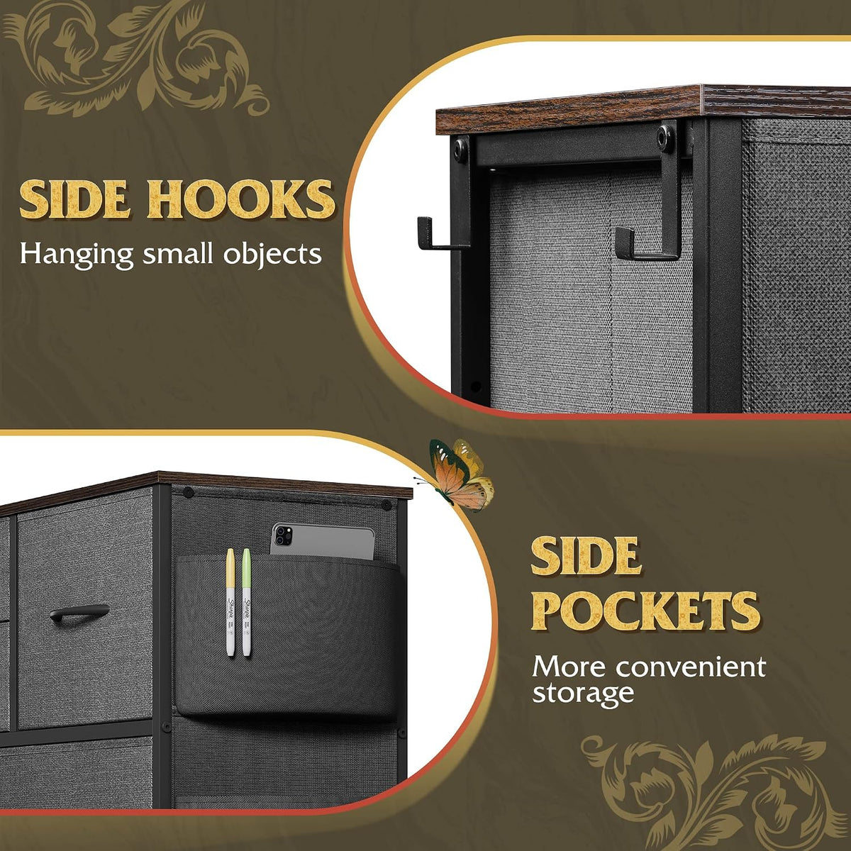 10 Drawer Fabric Dresser for Bedroom, Side Pocket Chest, Dark Grey