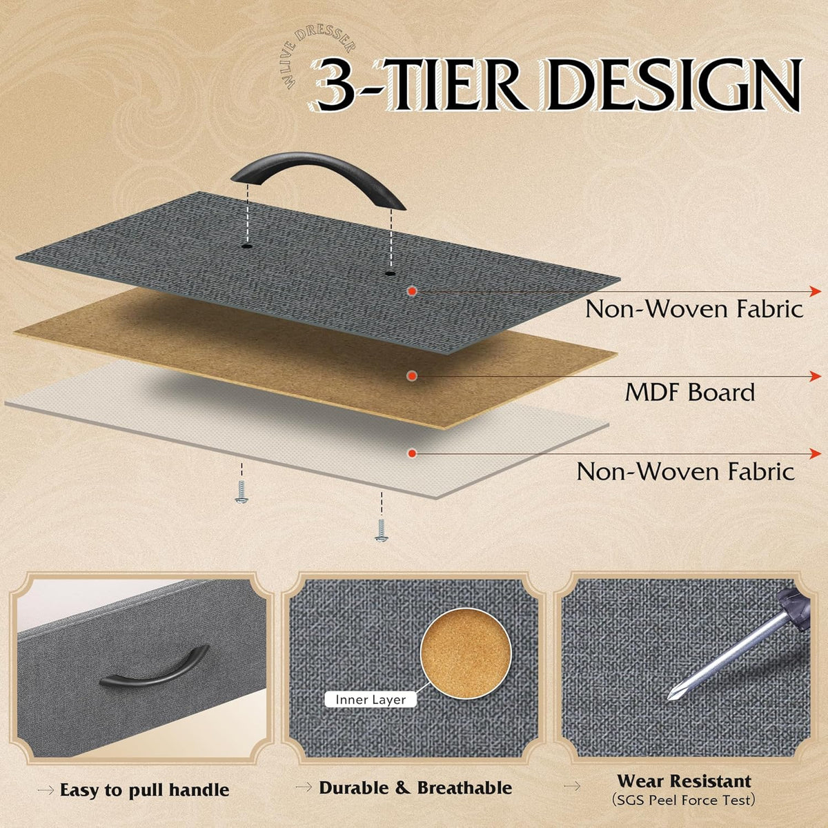 10 Drawer Fabric Dresser for Bedroom, Side Pocket Chest, Dark Grey