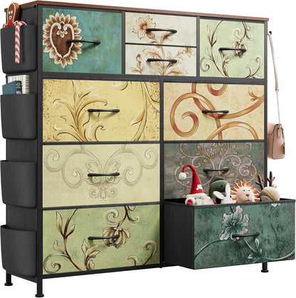 10 Drawer Fabric Dresser for Bedroom, Side Pocket Chest, Dark Grey