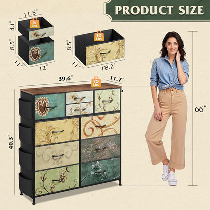 10 Drawer Fabric Dresser for Bedroom, Side Pocket Chest, Dark Grey