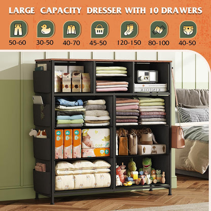 10 Drawer Fabric Dresser for Bedroom, Side Pocket Chest, Dark Grey
