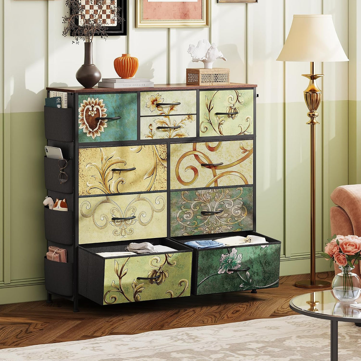 10 Drawer Fabric Dresser for Bedroom, Side Pocket Chest, Dark Grey