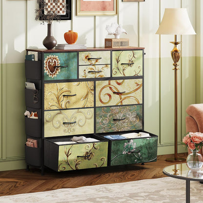 10 Drawer Fabric Dresser for Bedroom, Side Pocket Chest, Dark Grey