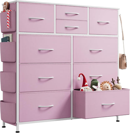 10 Drawer Fabric Dresser for Bedroom, Side Pocket Chest, Dark Grey
