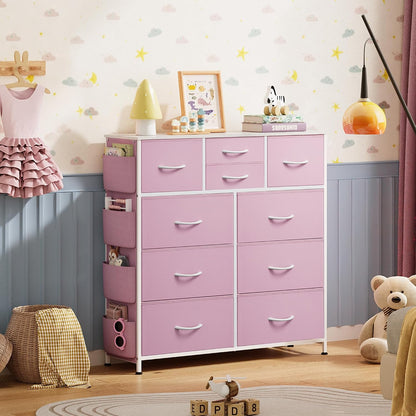 10 Drawer Fabric Dresser for Bedroom, Side Pocket Chest, Dark Grey