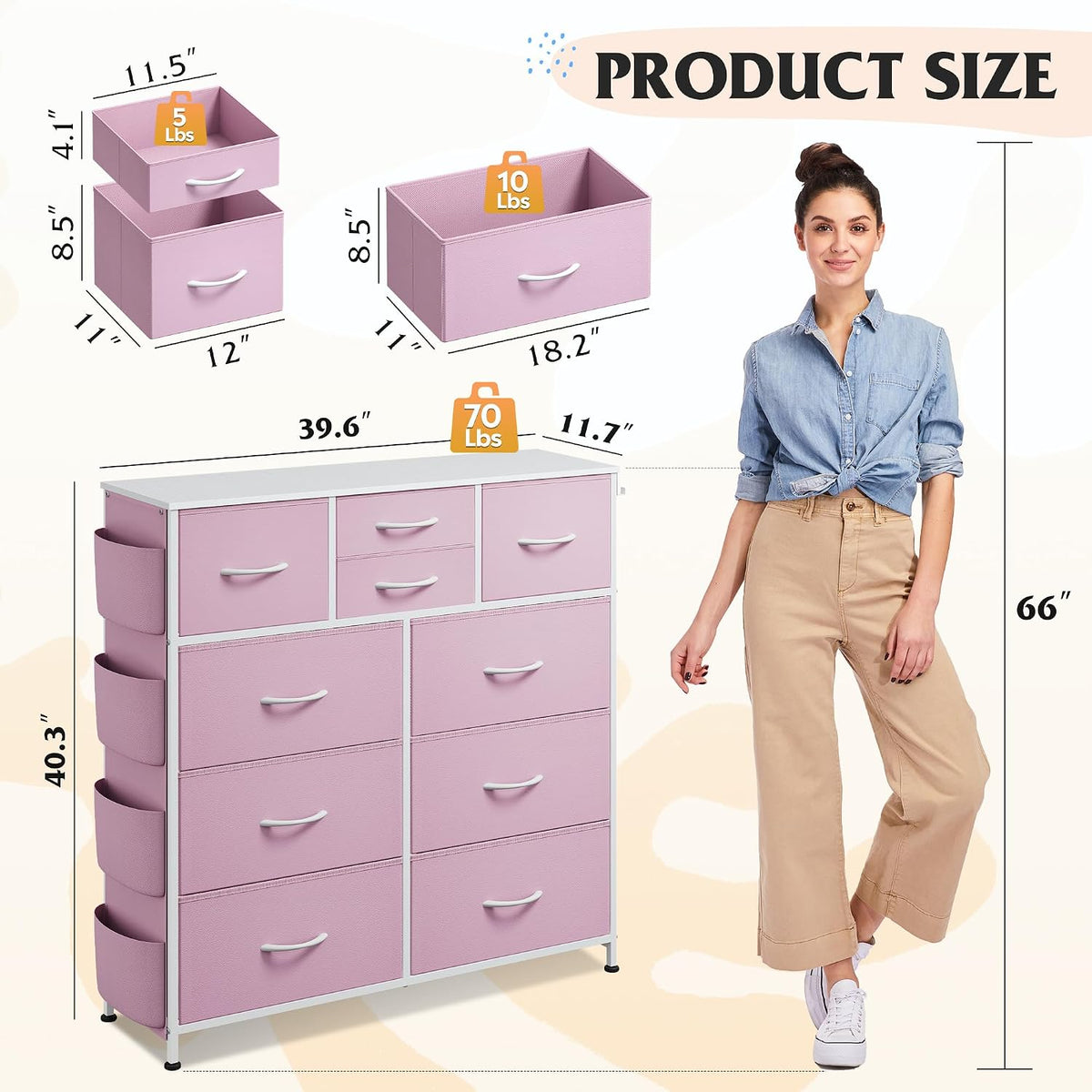 10 Drawer Fabric Dresser for Bedroom, Side Pocket Chest, Dark Grey