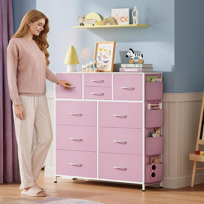 10 Drawer Fabric Dresser for Bedroom, Side Pocket Chest, Dark Grey