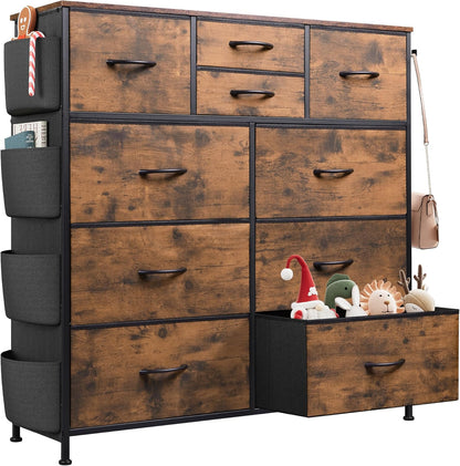10 Drawer Fabric Dresser for Bedroom, Side Pocket Chest, Dark Grey