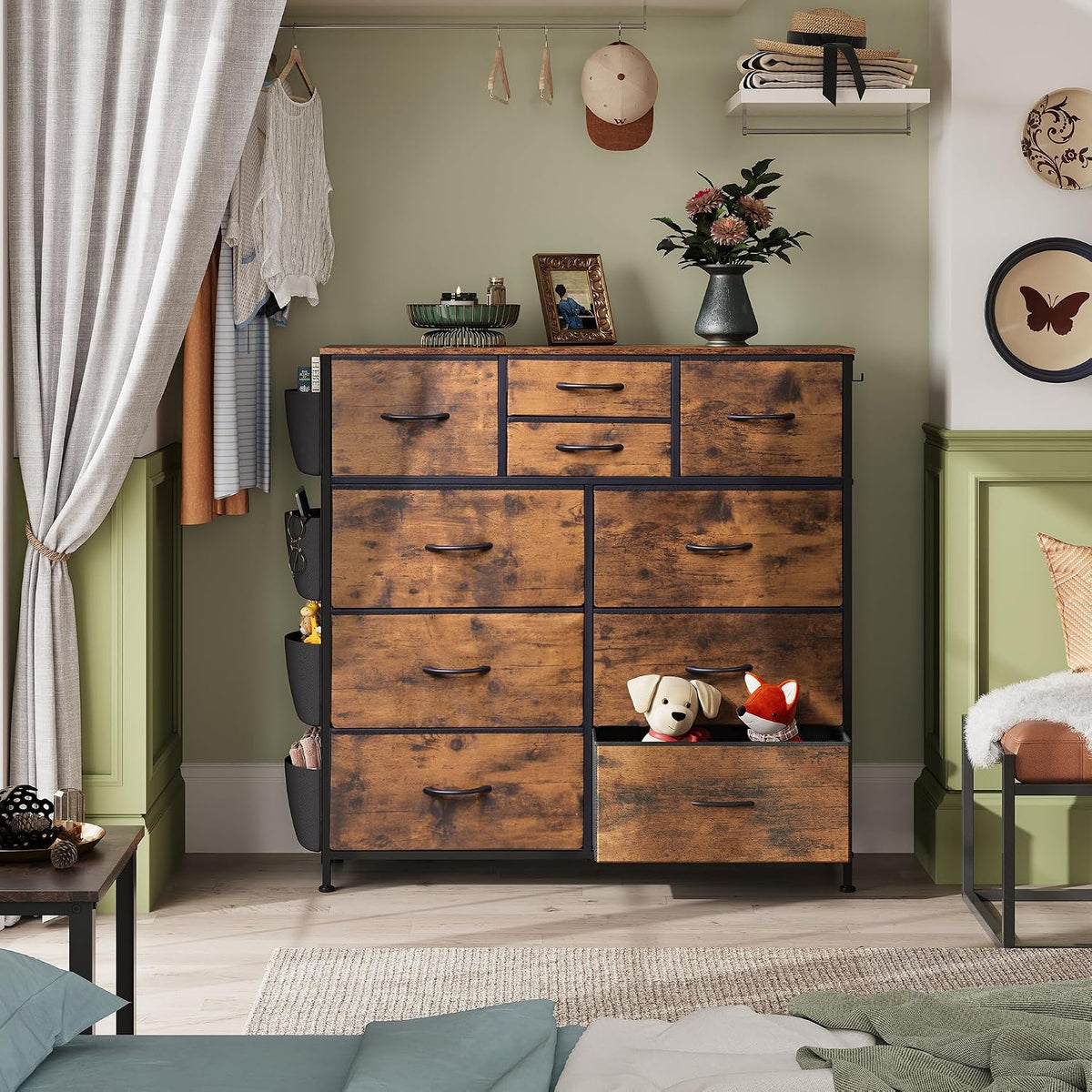 10 Drawer Fabric Dresser for Bedroom, Side Pocket Chest, Dark Grey