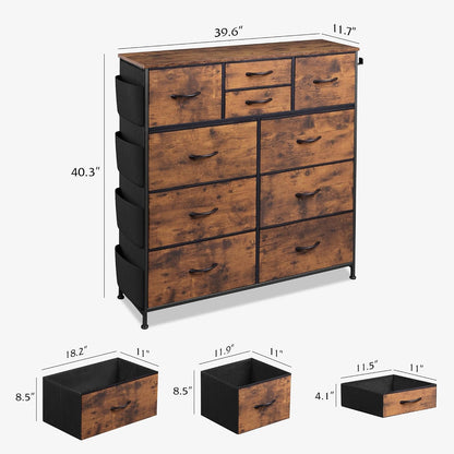 10 Drawer Fabric Dresser for Bedroom, Side Pocket Chest, Dark Grey