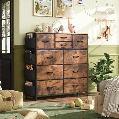 10 Drawer Fabric Dresser for Bedroom, Side Pocket Chest, Dark Grey