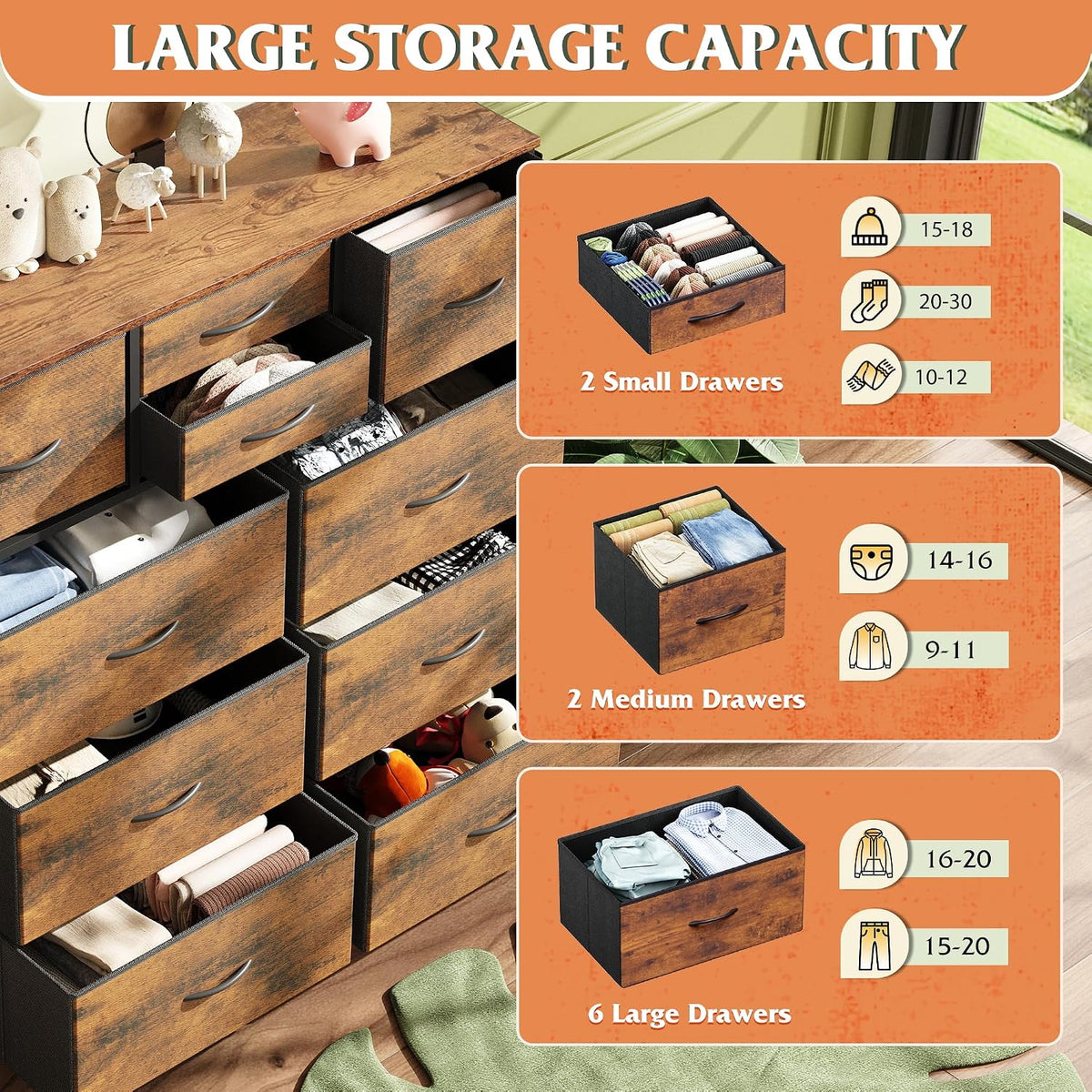 10 Drawer Fabric Dresser for Bedroom, Side Pocket Chest, Dark Grey