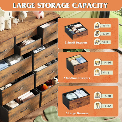 10 Drawer Fabric Dresser for Bedroom, Side Pocket Chest, Dark Grey