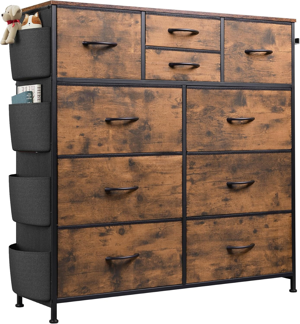 10 Drawer Fabric Dresser for Bedroom, Side Pocket Chest, Dark Grey