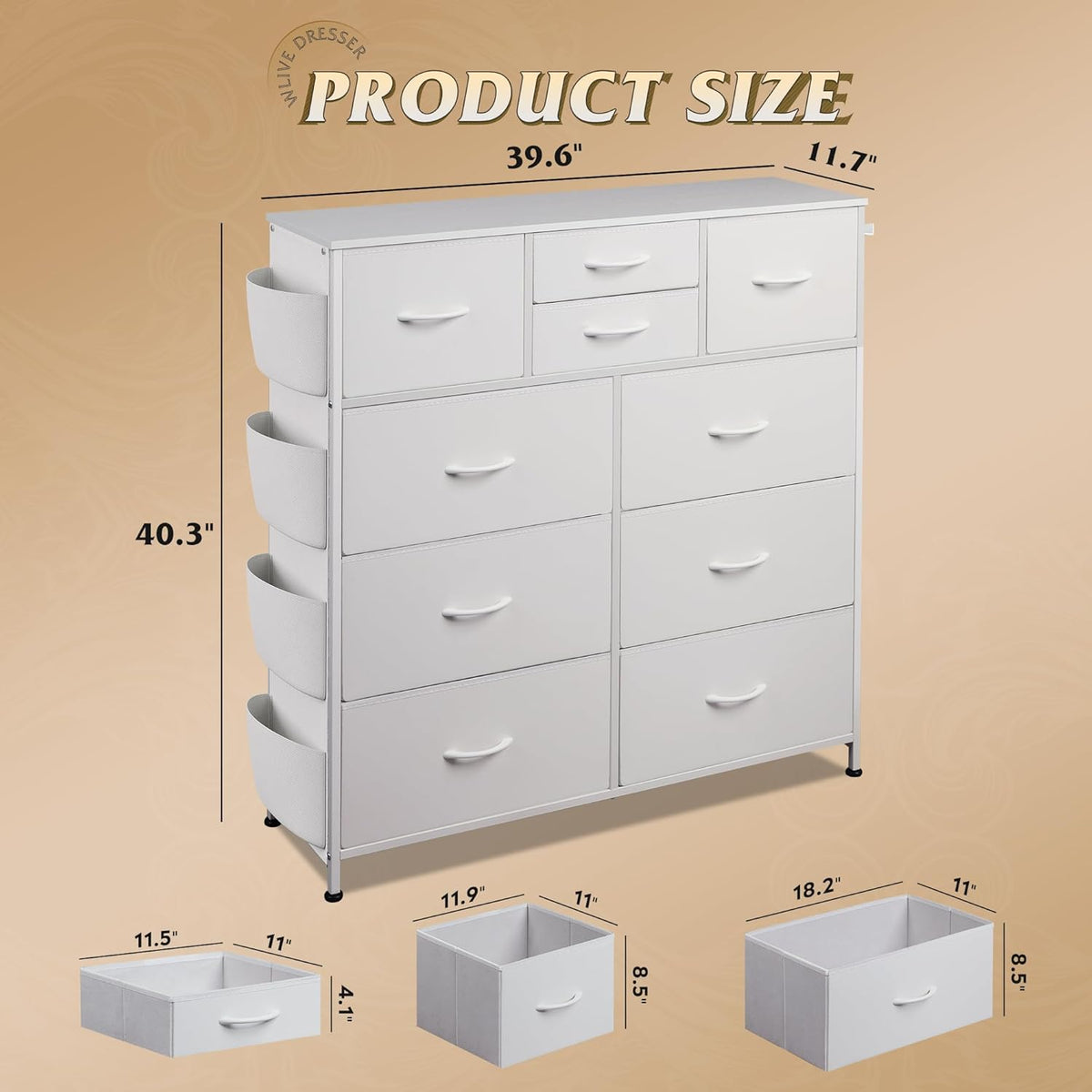 10 Drawer Fabric Dresser for Bedroom, Side Pocket Chest, Dark Grey