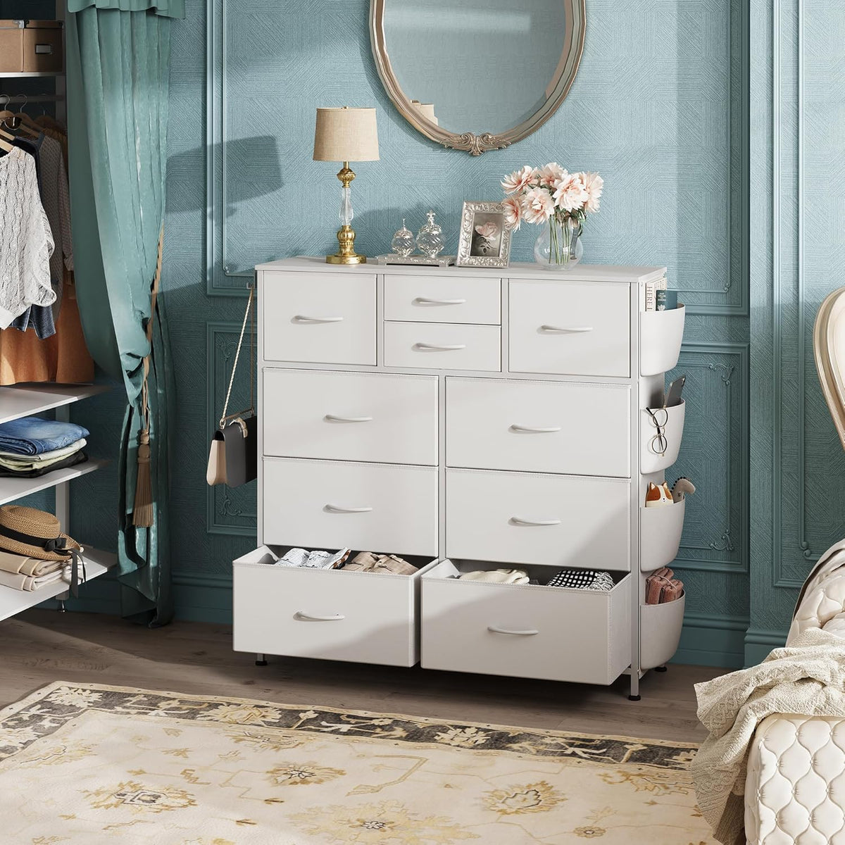10 Drawer Fabric Dresser for Bedroom, Side Pocket Chest, Dark Grey