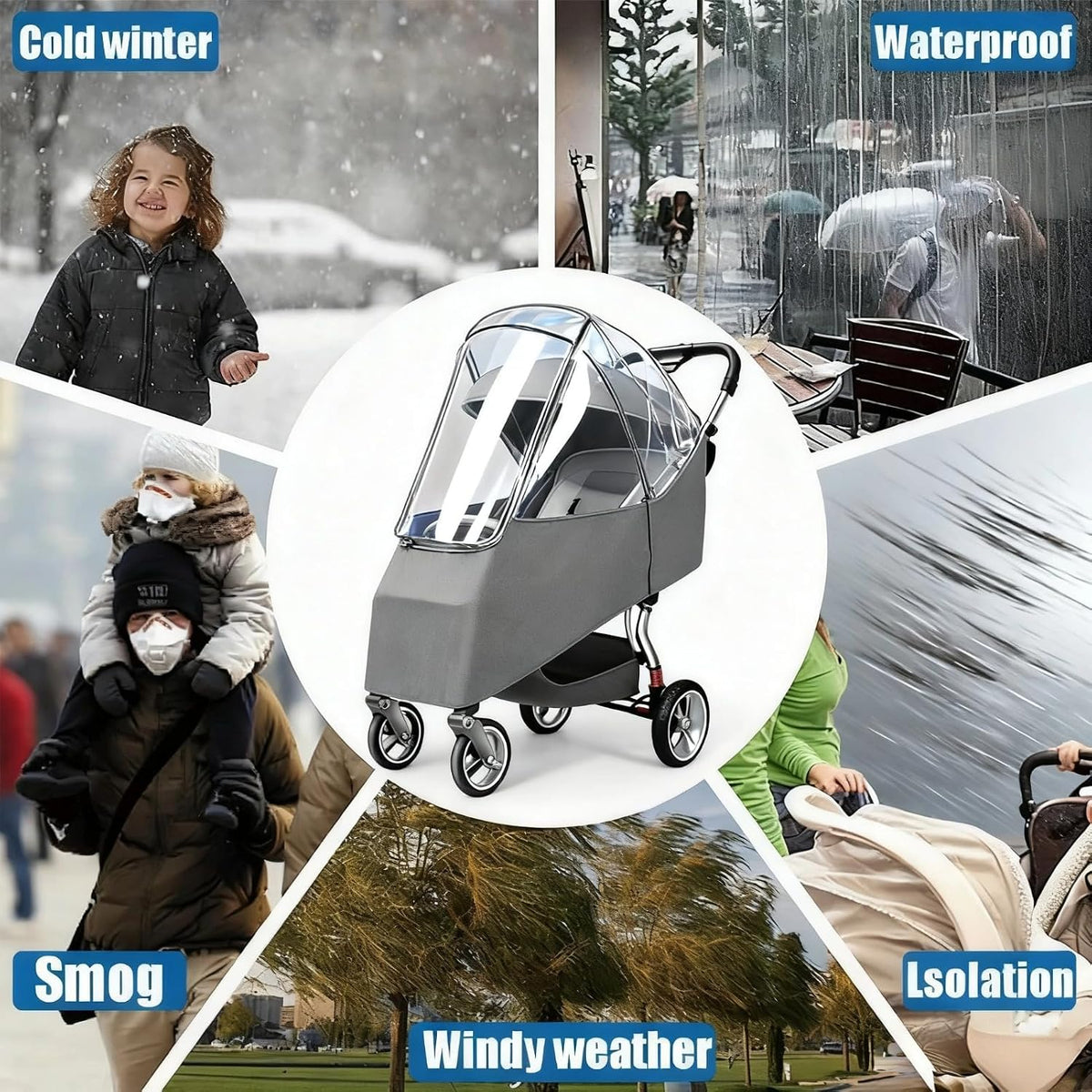 Stroller Rain Cover, Universal Accessory, Universal Rain Cover Weather Windproof Coldproof with Breathable Holes for Most Strollers (Gray)